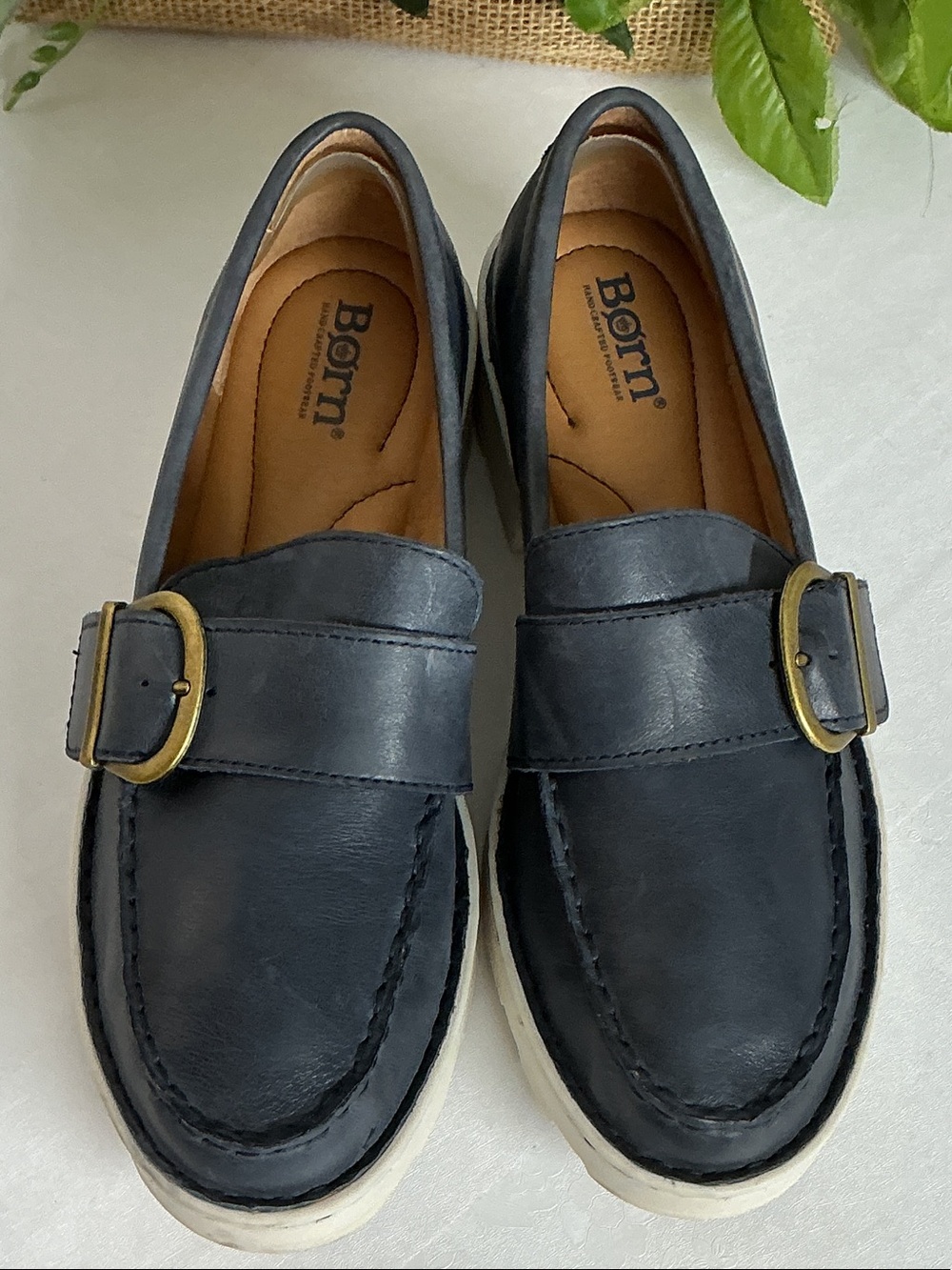 Born Men's Dark Navy Leather Buckle Slip-Ons